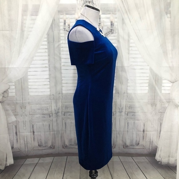 Calvin Klein Size 4 Blue Velvet Short Sleeve Cold-Shoulder Dress Fitted Sheath - Picture 6 of 10